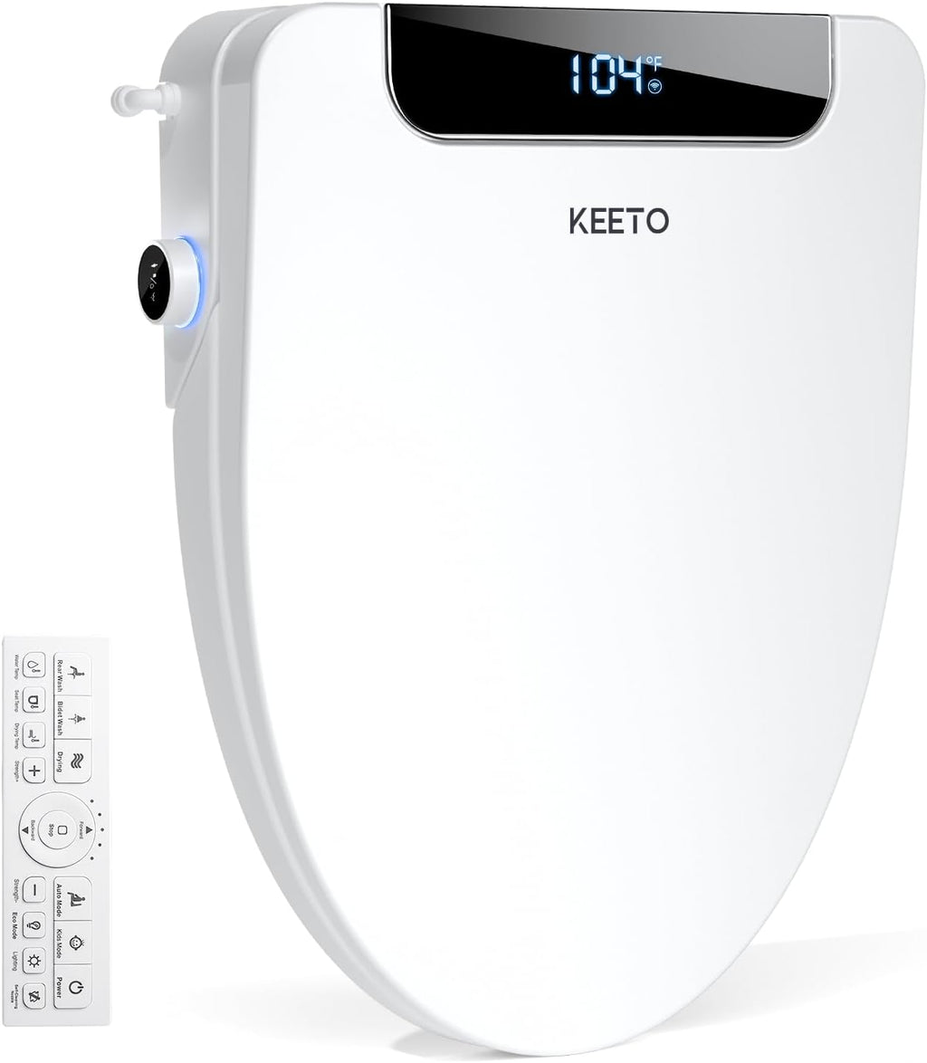Smart Bidet Toilet Seat Elongated, KEETO Electric Heated Seat with Instant Warm Water, Warm Air Dryer, Front & Rear Wash, Oscillating Nozzle, Wireless Remote, Night Light, Soft Close Lid