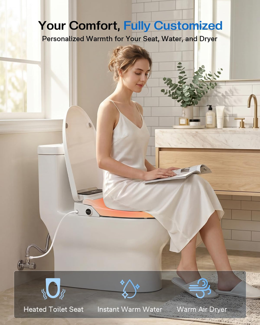 Smart Bidet Toilet Seat Round, KEETO Electric Heated Seat with Instant Warm Water, Warm Air Dryer, Front & Rear Wash, Oscillating Nozzle, Wireless Remote, Night Light, Soft Close Lid